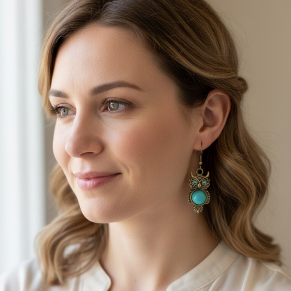 Turquoise owl earrings, gold-tone earrings, alloy earrings. 4 cm long.